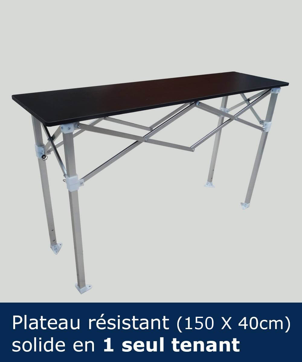 Table-comptoir pliante en aluminium anodisé et plateau bois avec revêtement stratifié noir