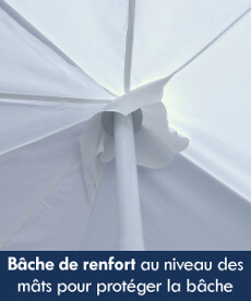 Notre tente de réception octogonale est équipée de renforts au niveau des mâts pour protéger la bâche de toit