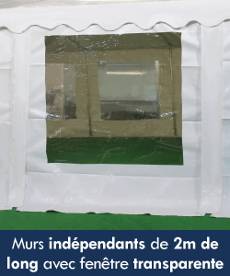 Les murs latéraux de notre tente de réception sont indépendants et mesurent 2,15m de long. Chaque mur latéral est équipé d'une fenêtre.